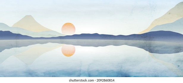 Abstract watercolor background with mountains and hills on the sea in winter in the north. Landscape banner in blue for decoration, print for decor
