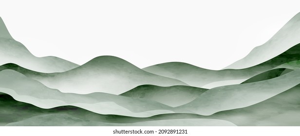 Abstract Watercolor Background With Mountains And Hills In Green. Landscape Banner In Oriental Ink Style For Decoration, Print For Home Decor