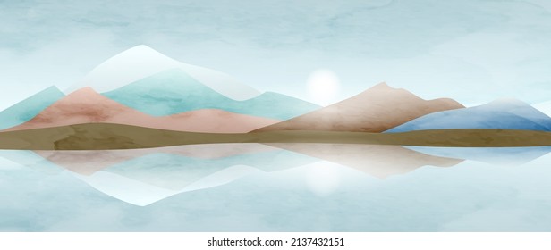 Abstract watercolor background with mountains and hills in blue, brown, gold colors. Landscape luxury art banner for interior design decoration, wallpaper, print