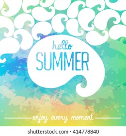 Abstract watercolor background. Ornament with swirls. Hello Summer card. Summer poster. Summer background. Marine background. Sky picture. Summer design. Marine image. Vector illustration