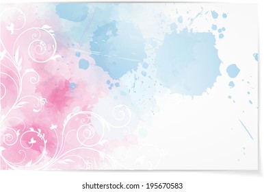 Abstract Watercolor Background In Pink And Blue Colors With Floral Corner Element