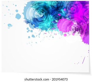 Abstract watercolor background in purple and blue colors with roses