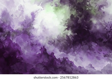 Abstract watercolor background, purple and green hues, soft textures, artistic design, suitable for creative projects.