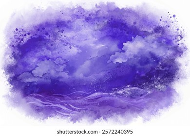 Abstract watercolor background, purple hues, dreamy clouds, serene ocean waves, artistic design, calming atmosphere.