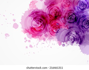 Abstract Watercolor Background In Purple And Pink Colors With Roses