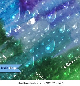 Abstract watercolor Background with rain drops. Vector illustration.