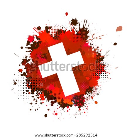 Abstract watercolor background with red ink spots cross. Vector