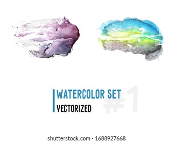 Abstract watercolor background set with purple, blue, yellow and green colors. Beautiful stains for presentation, artwork, website, app, postcard, desktop.