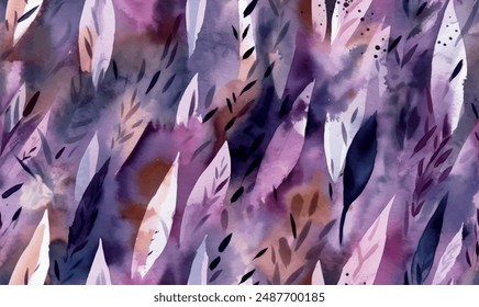 Abstract watercolor background, shades of lavender, pattern with leaves	
