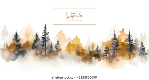 Abstract watercolor background with simply abstract forest trees. Vector illustration with autumn fall colors. Art banner, backdrop for cards, invitations, web, social media, advertising, design