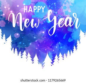 Abstract watercolor background with snowflakes and pine trees. Happy New Year - handwritten modern calligraphy lettering. Greeting card concept.