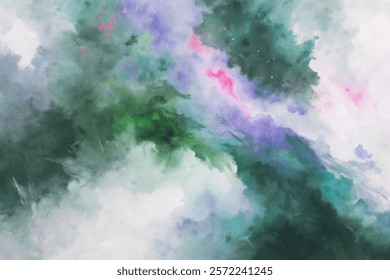 Abstract watercolor background, soft green hues, vibrant pink accents, artistic texture, creative design, digital art, versatile use.