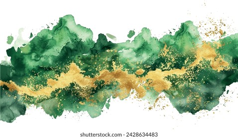 fondo abstracto de la acuarela con salpicaduras aisladas verde del bosque, oro y colores del musgo 