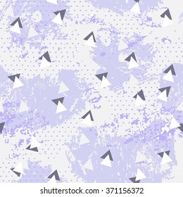 Abstract watercolor background with spots, ink dots and geometric triangles - vector seamless pattern