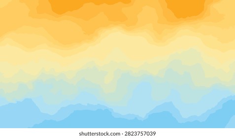 Abstract watercolor background texture featuring a horizontal gradient blend transition from vibrant gold and warm orange to soft sky blue, resembling a hazy sunset sky.