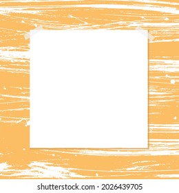 Abstract watercolor background with the texture of white paint on a yellow background. A sheet of blank blank paper is glued to the wall with a brushstroke effect. For the page, printing, design