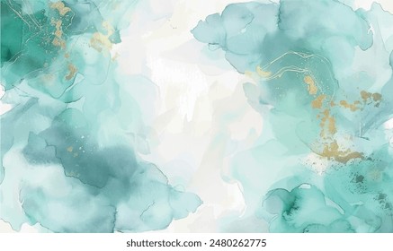 abstract watercolor background, turquoise and gold, space for text