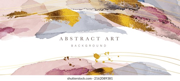 Abstract watercolor background vector. Luxury wallpaper with paint brush and gold line art. Golden foil paint, earth tone, purple watercolor illustration for wall art, cover and invitation cards.