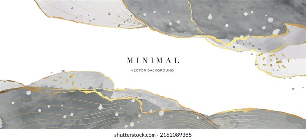 Abstract Watercolor Background Vector. Luxury Wallpaper With Paint Brush And Gold Line Art. Black And Gray Watercolor, Golden Lines Illustration For Wall Art, Cover And Invitation Cards.