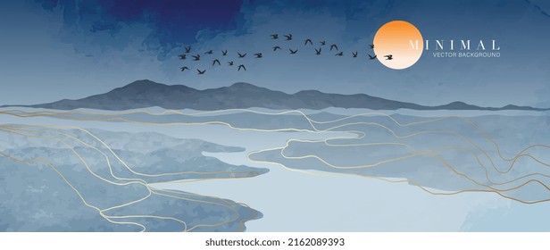 Abstract watercolor background vector. Luxury wallpaper with paint brush and gold line art. Mountain landscape, bird, moon, blue watercolor illustration for wall art, cover and invitation cards.