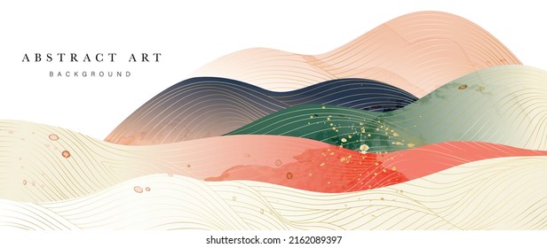 Abstract watercolor background vector. Luxury wallpaper design with paint brush and gold line art. Mountain landscape, hills, watercolor illustration for prints, wall art, cover and invitation cards.