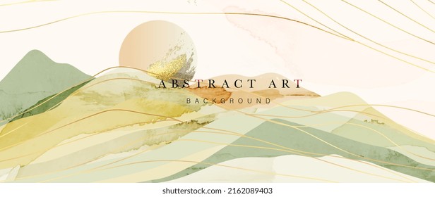 Resumen del vector de fondo de la acuarela. Papel pintado de lujo con pincel de pintura y arte de línea dorada. Montañas, colinas, sol, acuarela verde ilustrativo para impresiones, arte mural, cubierta y tarjetas de invitación.