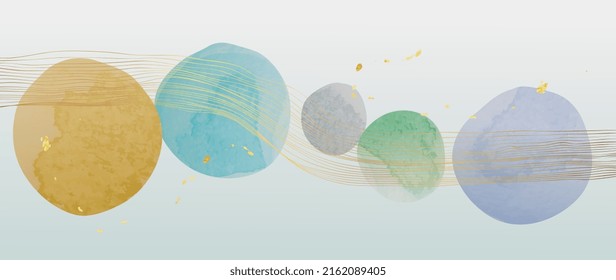 Abstract watercolor background vector. Luxury wallpaper with paint brush and gold line art. Golden wave line, circle shapes, watercolor illustration for prints, wall art, cover and invitation cards.