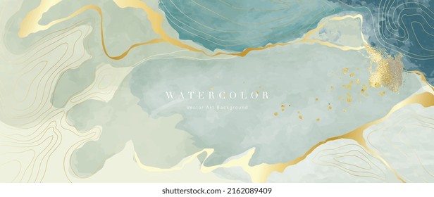 Abstract watercolor background vector. Luxury wallpaper design with paint brush and gold line art. Golden wave line, green marble texture illustration for prints, wall art, cover and invitation cards.