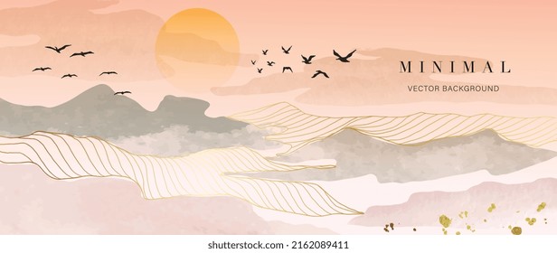 Resumen del vector de fondo de la acuarela. Papel de lujo con pincel de pintura y arte de línea dorada. paisaje de montaña, pájaro, puesta de sol, ilustración de acuarela para arte de pared, cubierta y tarjetas de invitación.