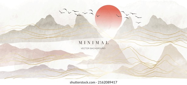 Abstract watercolor background vector. Luxury wallpaper with paint brush and gold line art. Mountain landscape, bird, sun, earth tone watercolor illustration for wall art, cover and invitation cards.