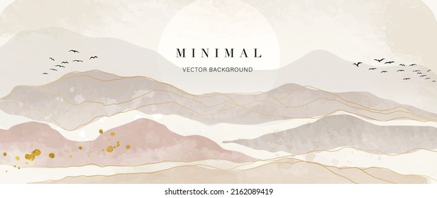 Abstract watercolor background vector. Luxury wallpaper with paint brush and gold line art. Mountain landscape, bird, sun, earth tone watercolor illustration for wall art, cover and invitation cards.