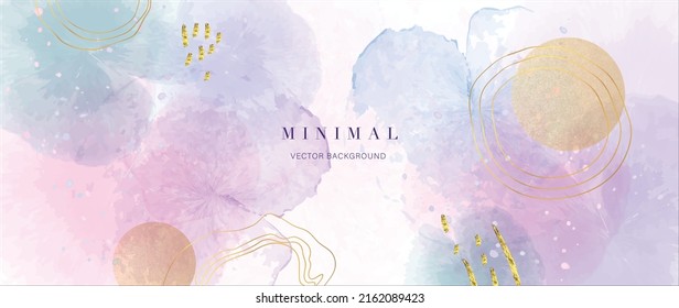 Abstract watercolor background vector. Luxury wallpaper with paint brush and gold line art. Pastel watercolor, golden lines, circle shapes illustration for wall art, cover and invitation cards.