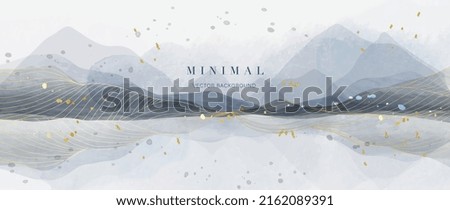 Abstract watercolor background vector. Luxury wallpaper with paint brush and gold line art. Black and gray watercolor, golden lines, mountain illustration for wall art, cover and invitation cards.