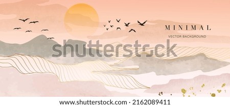 Abstract watercolor background vector. Luxury wallpaper with paint brush and gold line art. Mountain landscape, bird, sunset, watercolor illustration for wall art, cover and invitation cards.