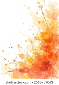 Abstract watercolor background with vibrant orange and yellow splashes, splatters, and drips. This dynamic and energetic design is perfect for adding a warm and artistic touch to various projects.