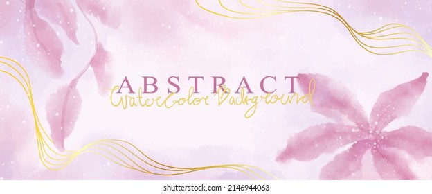 Abstract Watercolor background. Wallpaper design with golden line art, flower and botanical leaves, Organic shapes. Vector illustration for prints, cover background, wall art and invitation cards