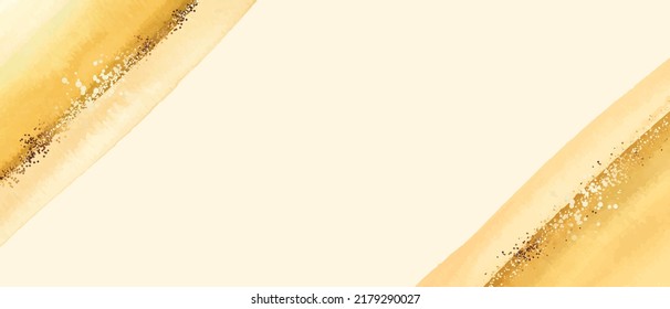 Abstract watercolor background with yellow, beige brush strokes. Golden splatters, confetti.