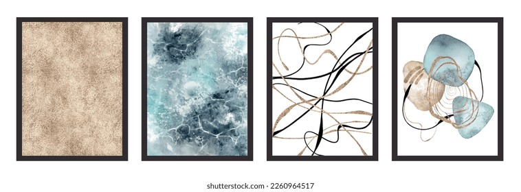 Abstract watercolor backgrounds with gold texture and line art. Graphic posters set