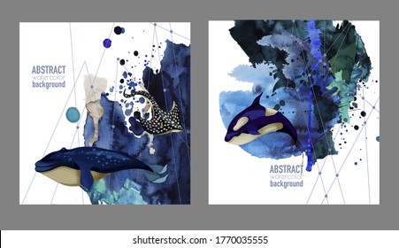 Abstract watercolor banners with blots and whales. Vector.