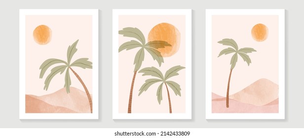 Abstract watercolor beach wall art template. Wallpaper design with coconut tree, sun, sand beach in minimal style. Summer painting for wall decoration, interior, background, cover, banner.
