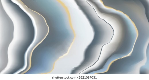 Abstract watercolor bg, blue gray marble pattern with gold veins. Seamless navy white obmre gradient texture, vector stone slice. Luxury ink art, golden lines on silver ice design. Fluid elegant grey