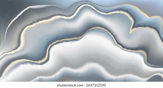 Abstract watercolor bg, blue gray marble pattern with gold veins. Seamless navy white obmre gradient texture, vector stone slice. Luxury ink art, golden lines on silver ice design. Fluid elegant grey