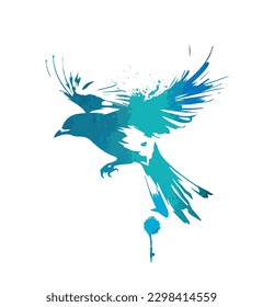 Abstract watercolor blue flying magpie. A beautiful bird in flight. Graffiti style. Vector illustration