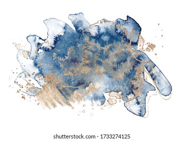 Abstract watercolor blue and gold shapes on white background. Color splashing hand drawn vector painting