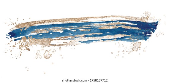Abstract watercolor blue and gold shapes on white background. Color splashing hand drawn vector painting