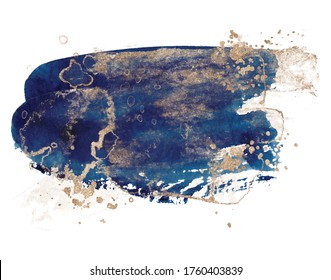 Abstract Watercolor Blue And Gold Shapes On White Background. Color Splashing Hand Drawn Vector Painting