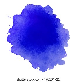 Abstract watercolor blue stain with splash and drops. 