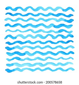 Abstract Watercolor Blue Wave Pattern, Water Texture Sketch Background. Drawing By Hand. Vector Illustration
