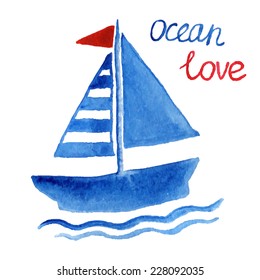 Abstract watercolor boat, red flag, floating on the waves of the ocean - a template for the invitation cards, concept of love and freedom - texture of paint paper in blue color - vector illustration