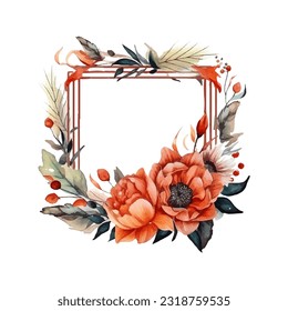 Abstract watercolor boho floral frame, vector illustration
